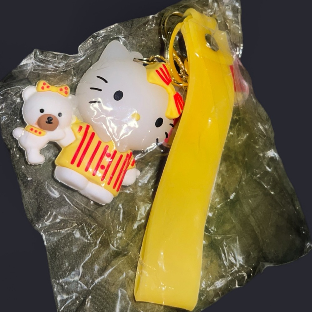 Hello Kitty and Bear Keychain with Yellow Strap